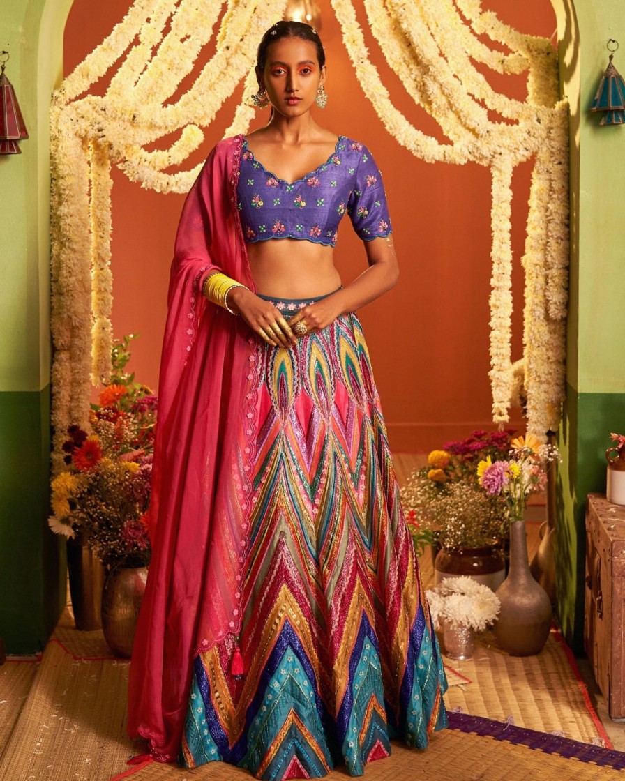 Womens Siddhartha Bansal | Signature Blue Chevron Embroidered Lehenga Set