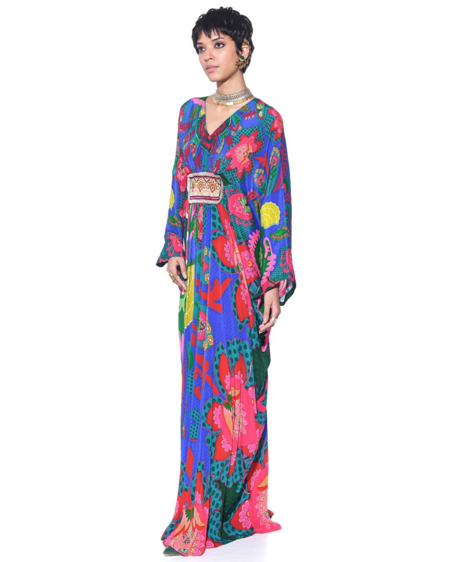 Womens Siddhartha Bansal | Electric Blue Royal Paisley Belt Kaftan