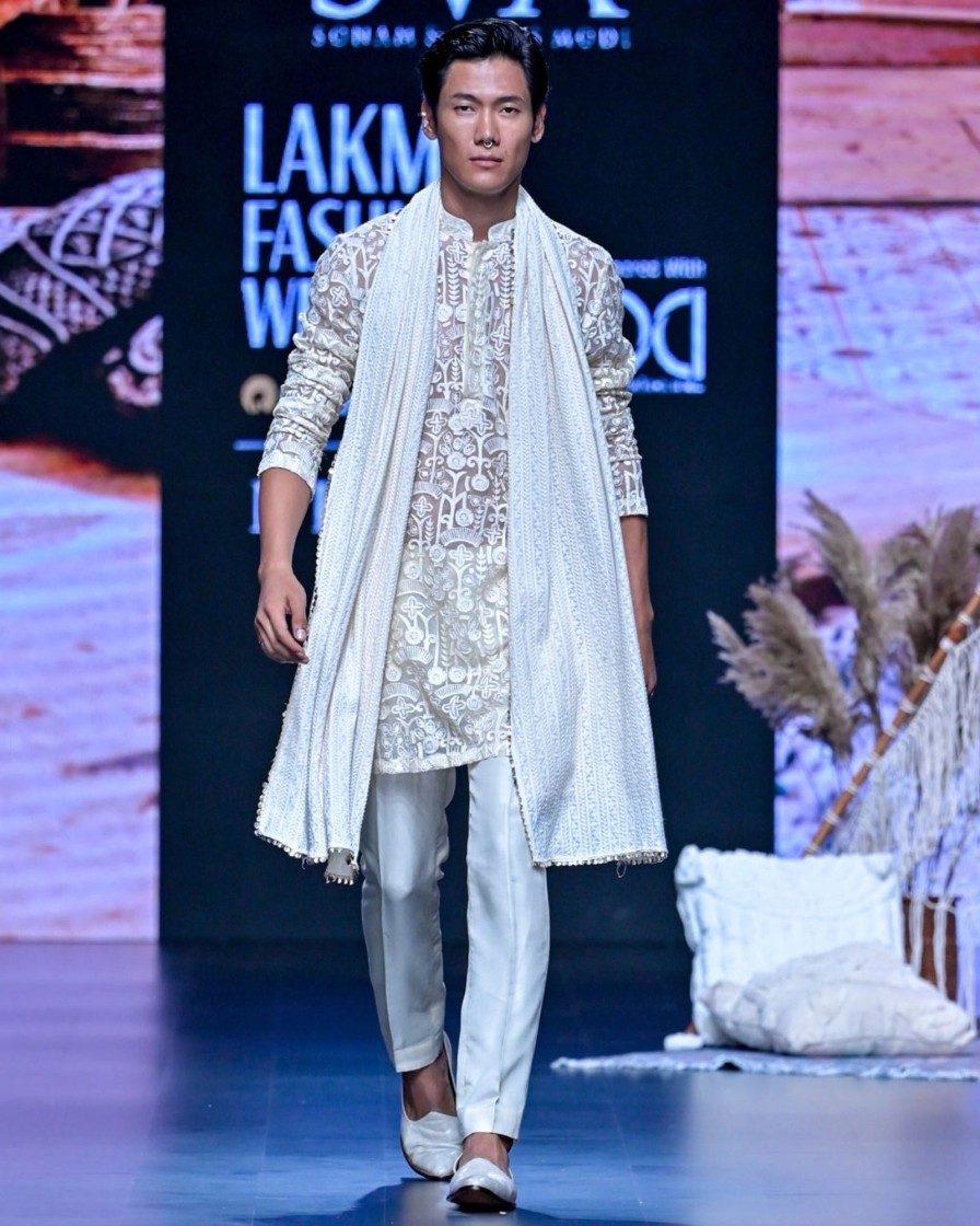 Mens SVA Menswear | Ivory Organza Kurta Set With Dupatta