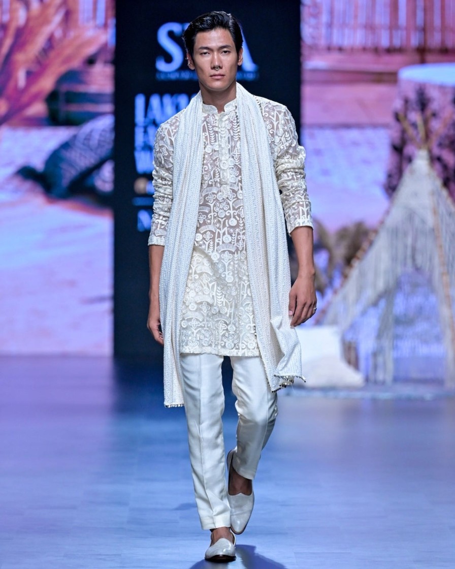 Mens SVA Menswear | Ivory Organza Kurta Set With Dupatta