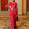 Womens Paulmi u0026 Harsh | Pink Floral Printed Pre Draped Sari Set