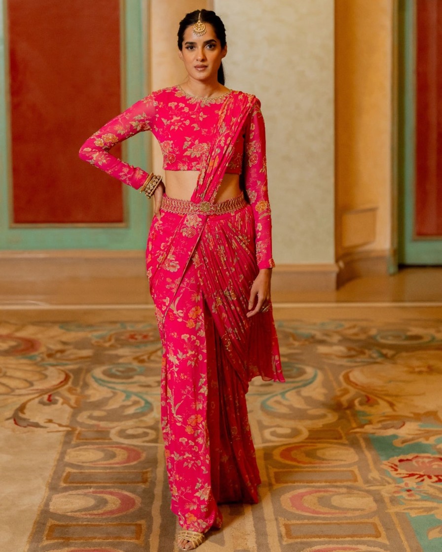 Womens Paulmi u0026 Harsh | Pink Floral Printed Pre Draped Sari Set