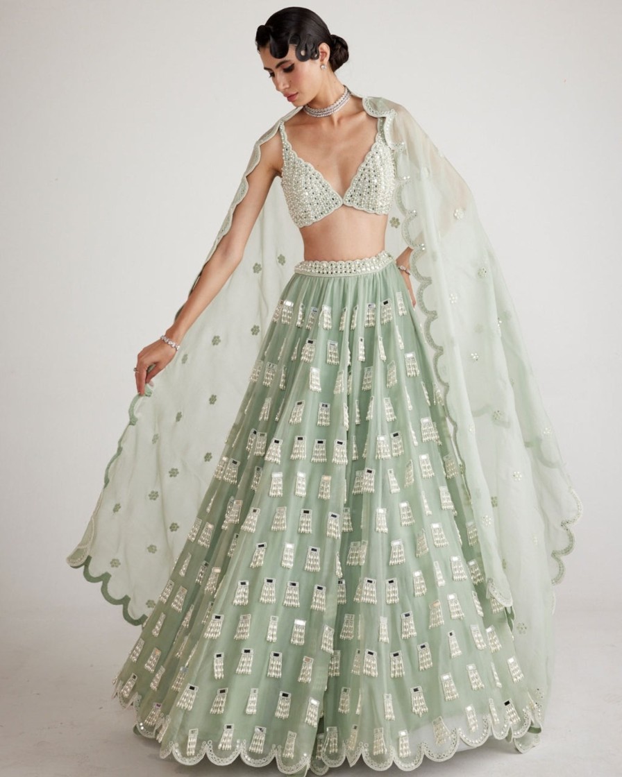 Womens Vvani by Vani Vats | Powder Mint Green Chandelier Drop Lehenga Set