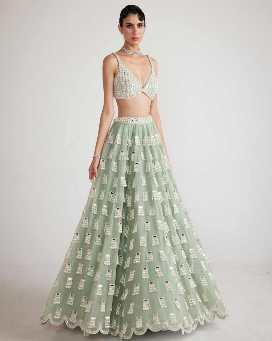 Womens Vvani by Vani Vats | Powder Mint Green Chandelier Drop Lehenga Set