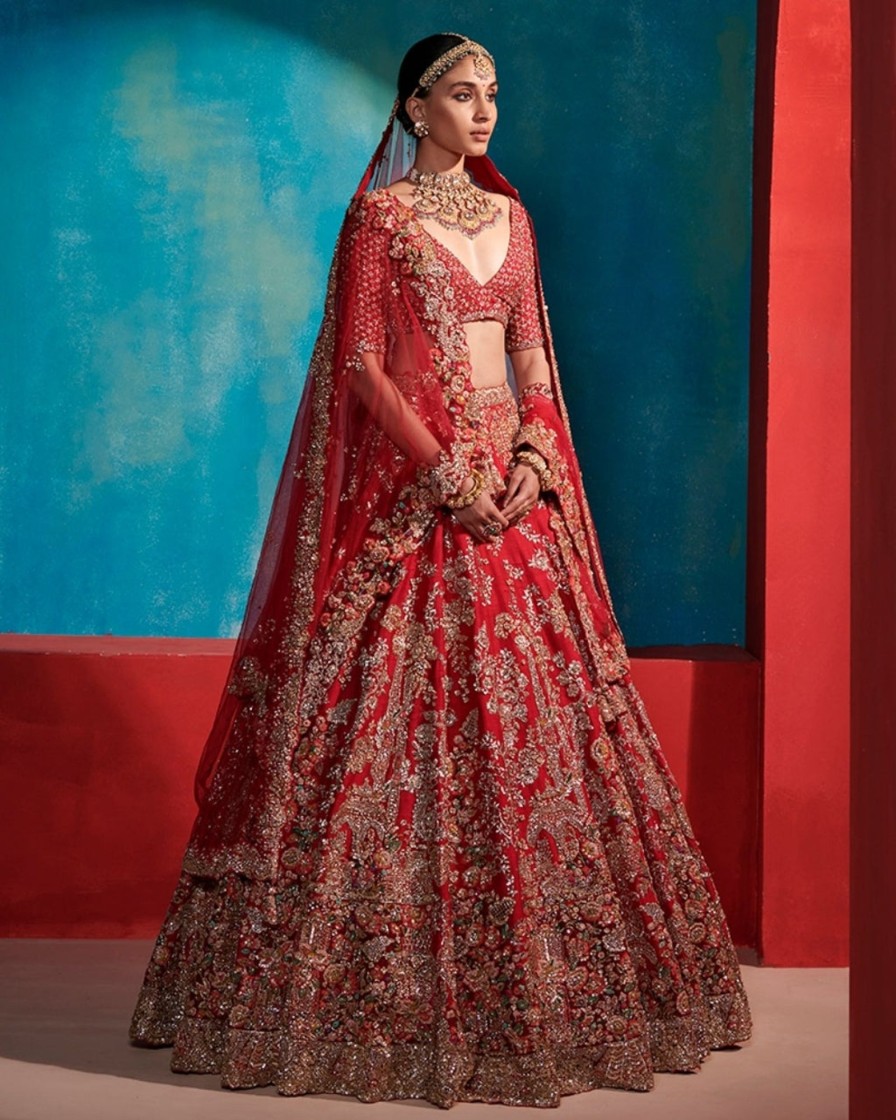 Bridal Dolly J | Etta Carmine Red Floral Garden Bridal Lehenga Set