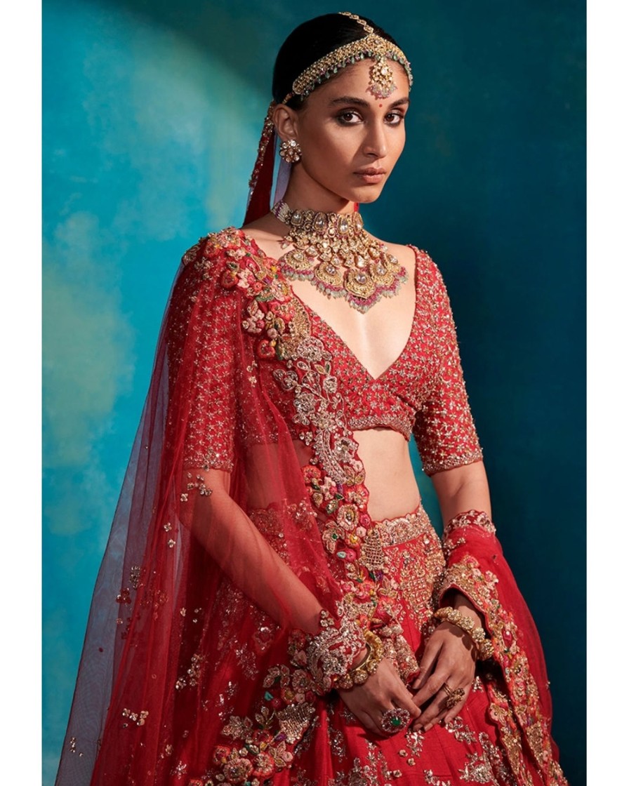 Bridal Dolly J | Etta Carmine Red Floral Garden Bridal Lehenga Set