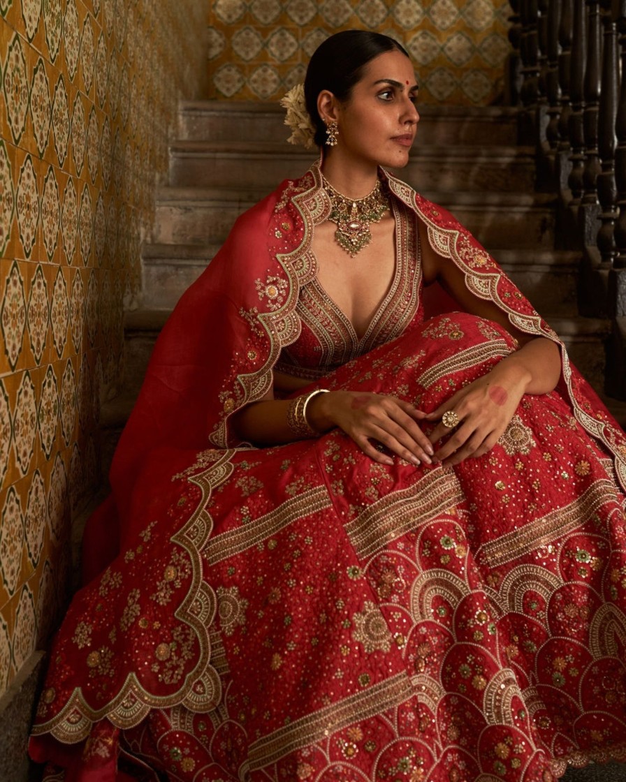 Bridal Petticoat Lane | Red Embellished Lehenga Set