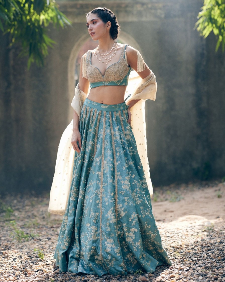 Womens Paulmi u0026 Harsh | Ice Blue Self Woven Jacquard Lehenga Set