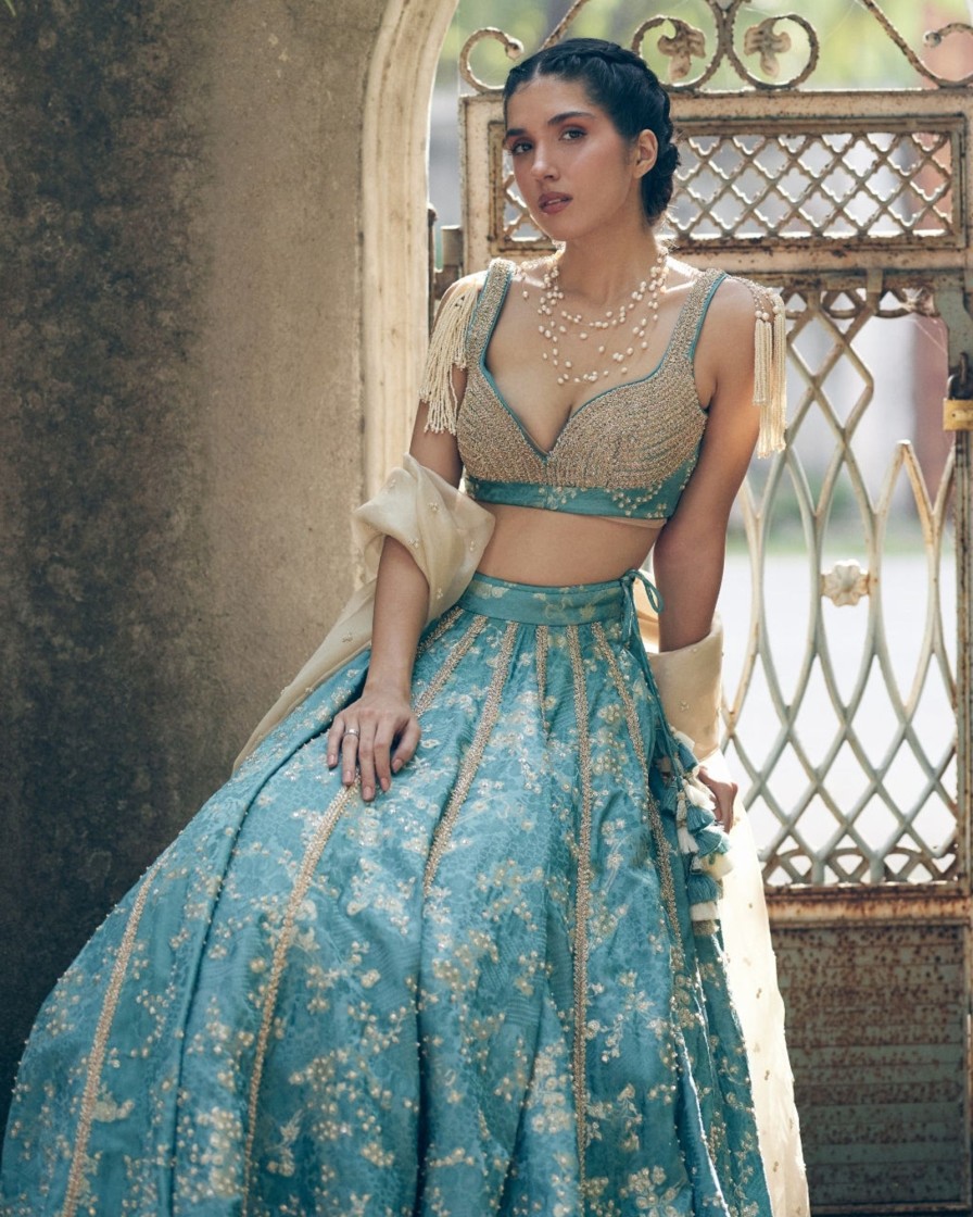 Womens Paulmi u0026 Harsh | Ice Blue Self Woven Jacquard Lehenga Set