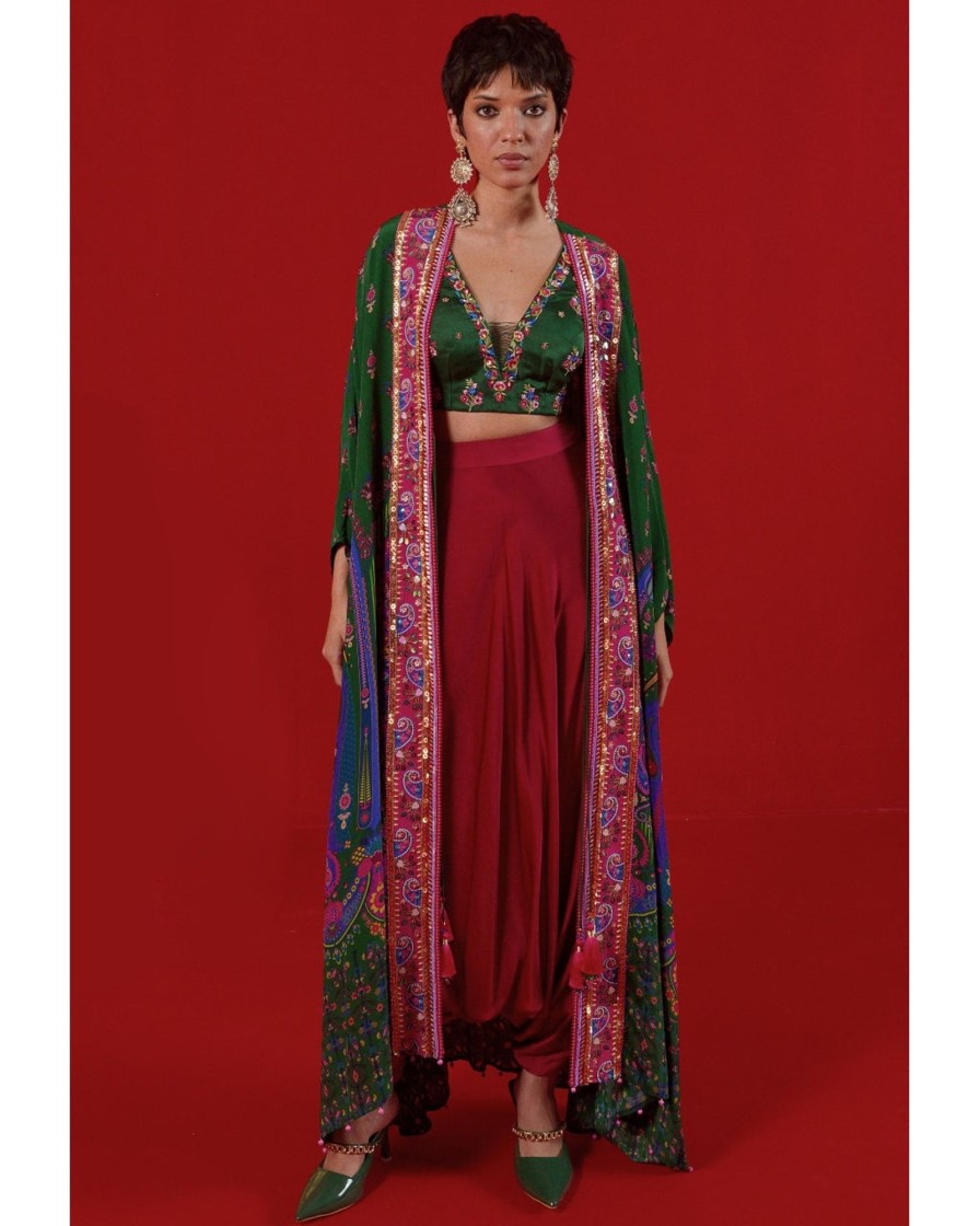 Womens Siddhartha Bansal | Bottle Green Oversized Embroidered Shrug Set