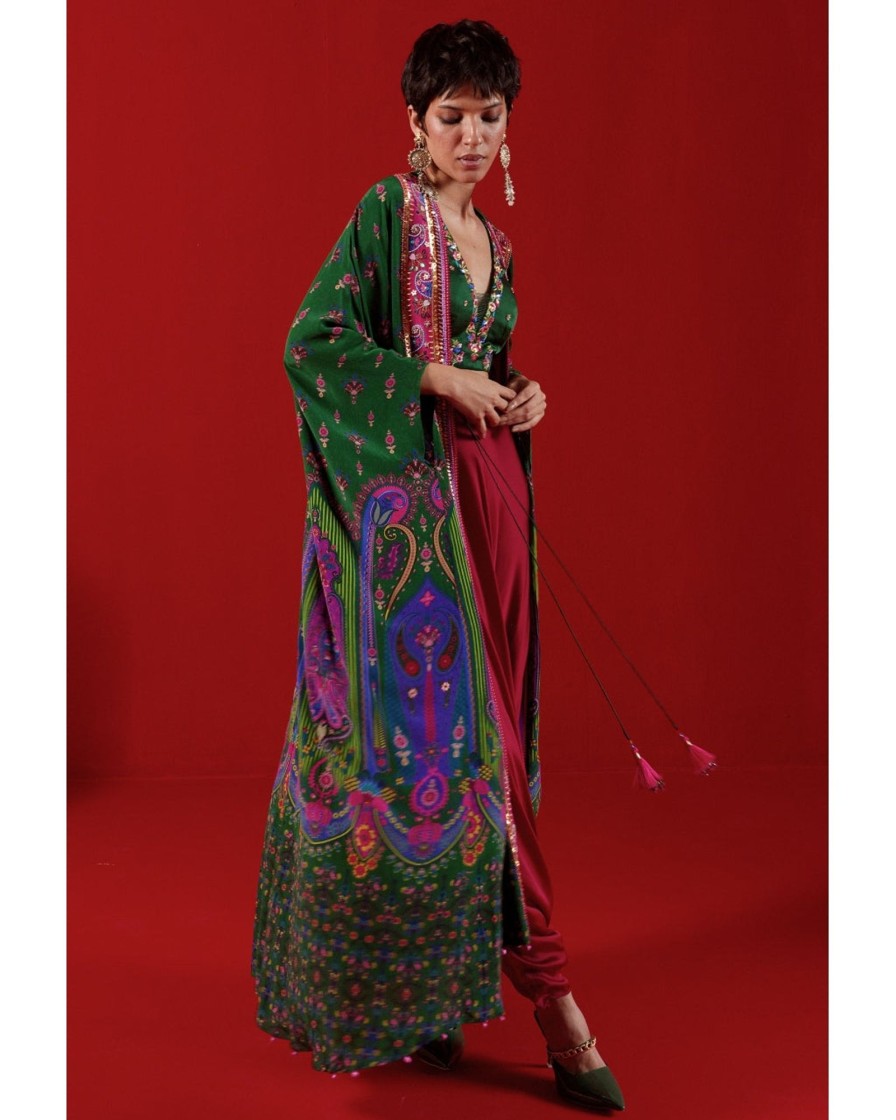 Womens Siddhartha Bansal | Bottle Green Oversized Embroidered Shrug Set