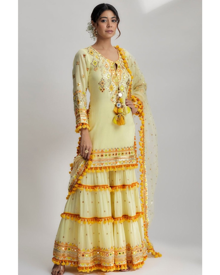 Womens Gopi Vaid | Yellow Maahika Layered Sharara Set