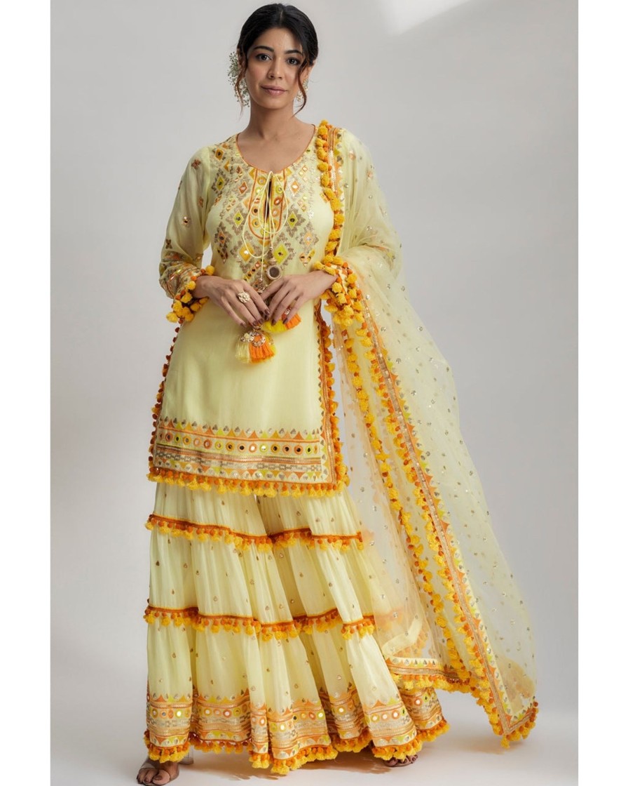 Womens Gopi Vaid | Yellow Maahika Layered Sharara Set