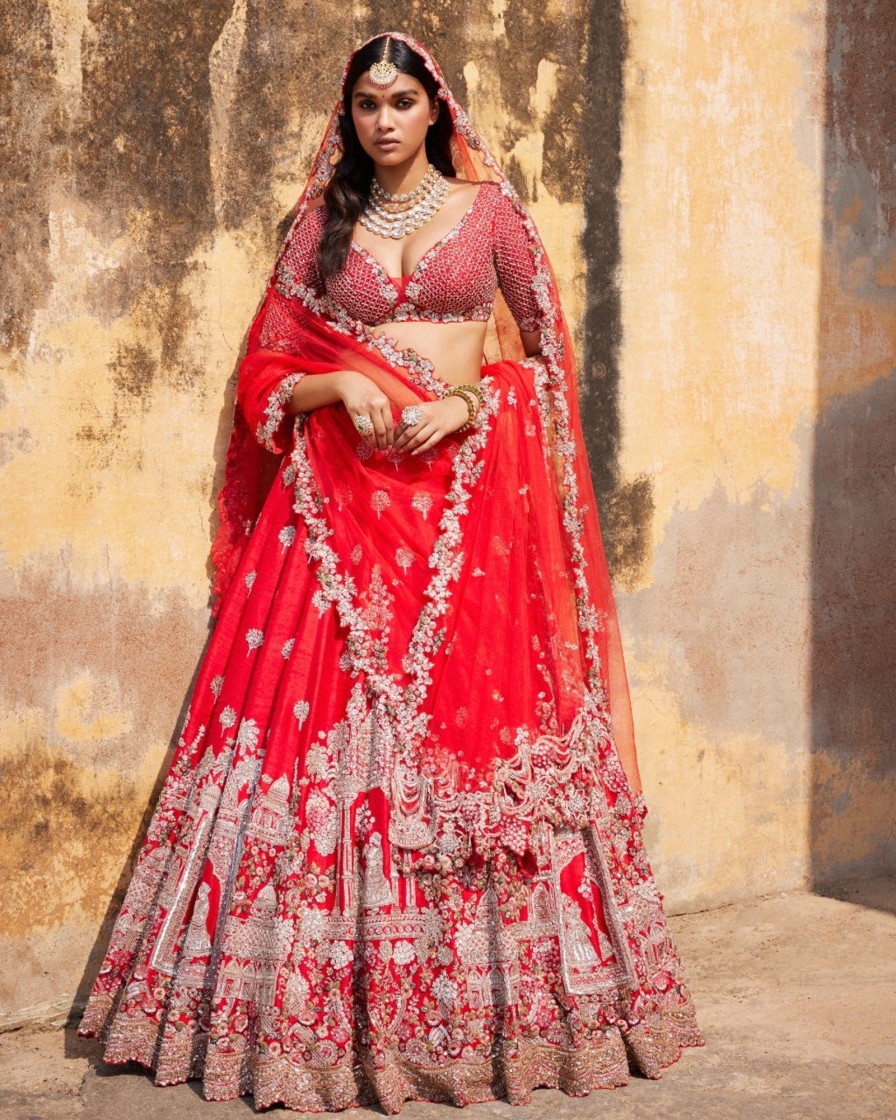 Bridal Dolly J | Idalia Red Raw Silk Bridal Lehenga