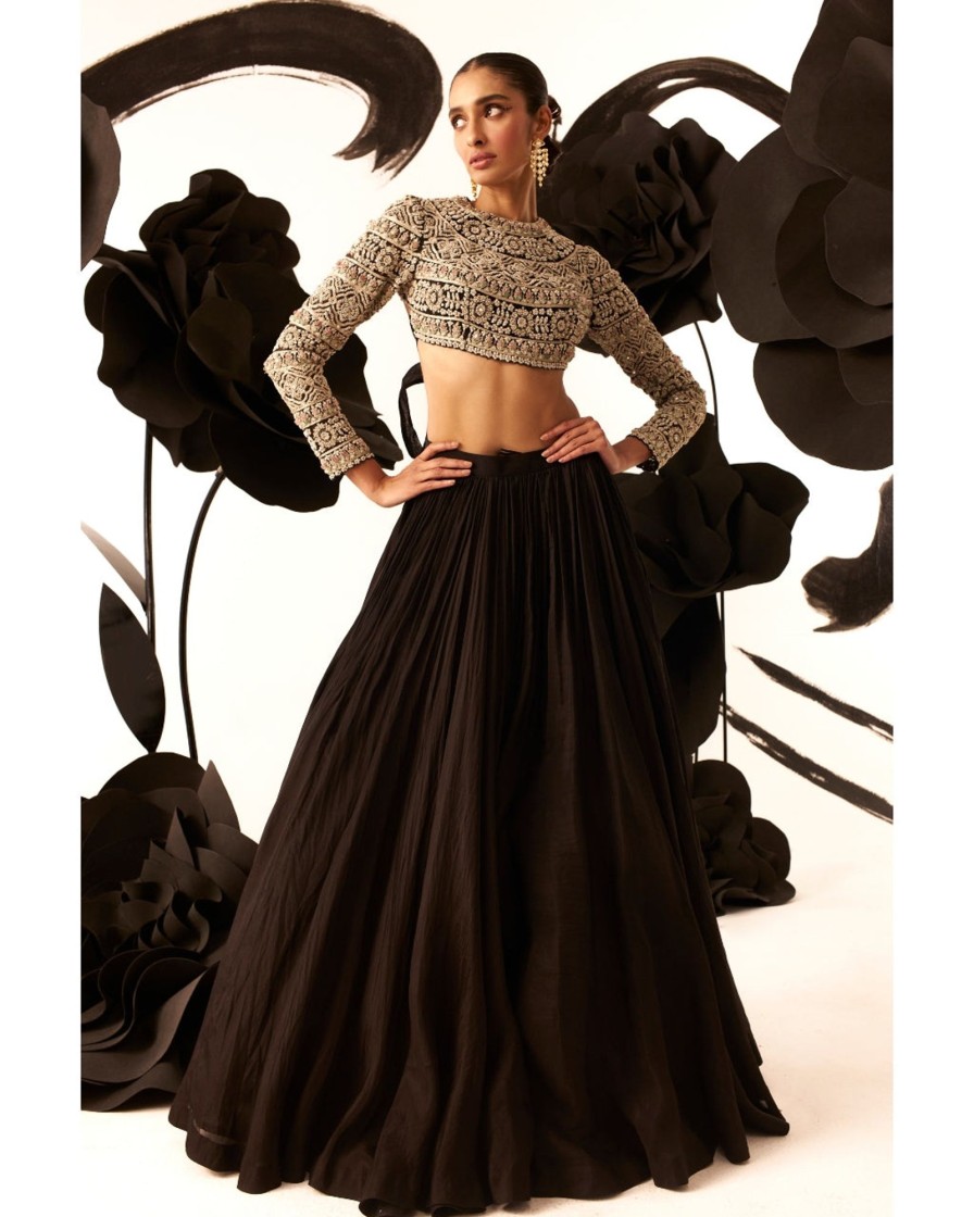 Womens Bhumika Sharma | Black Floral Pattern Blouse U0026 Skirt Set