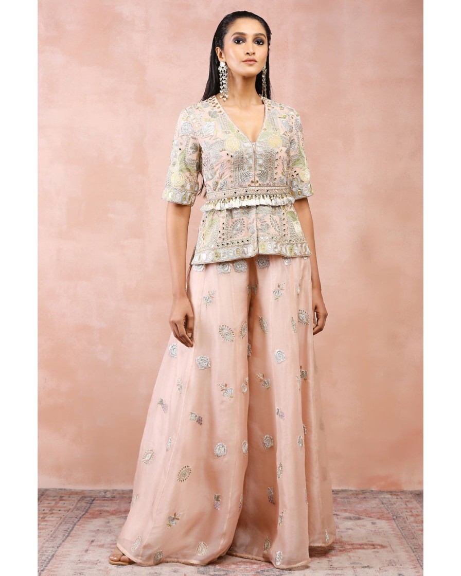 Womens Payal Singhal | Rose Pink Applique Embroiderd Short Kurta And Sharara