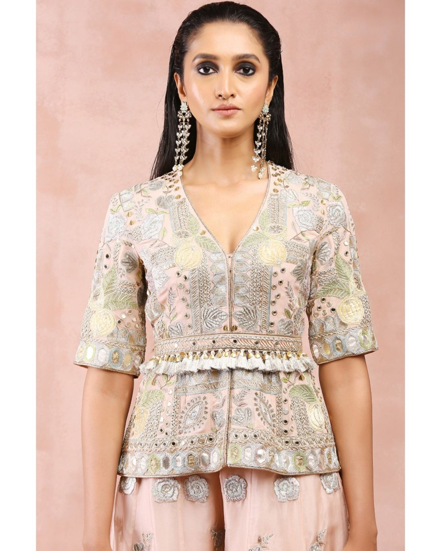 Womens Payal Singhal | Rose Pink Applique Embroiderd Short Kurta And Sharara