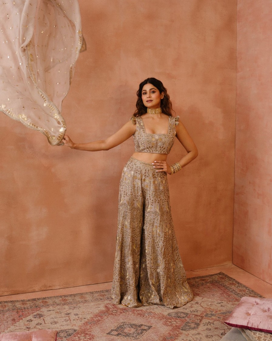 Bridal Payal Singhal | Gray Bagh Embroidered Blouse With Sharara Set