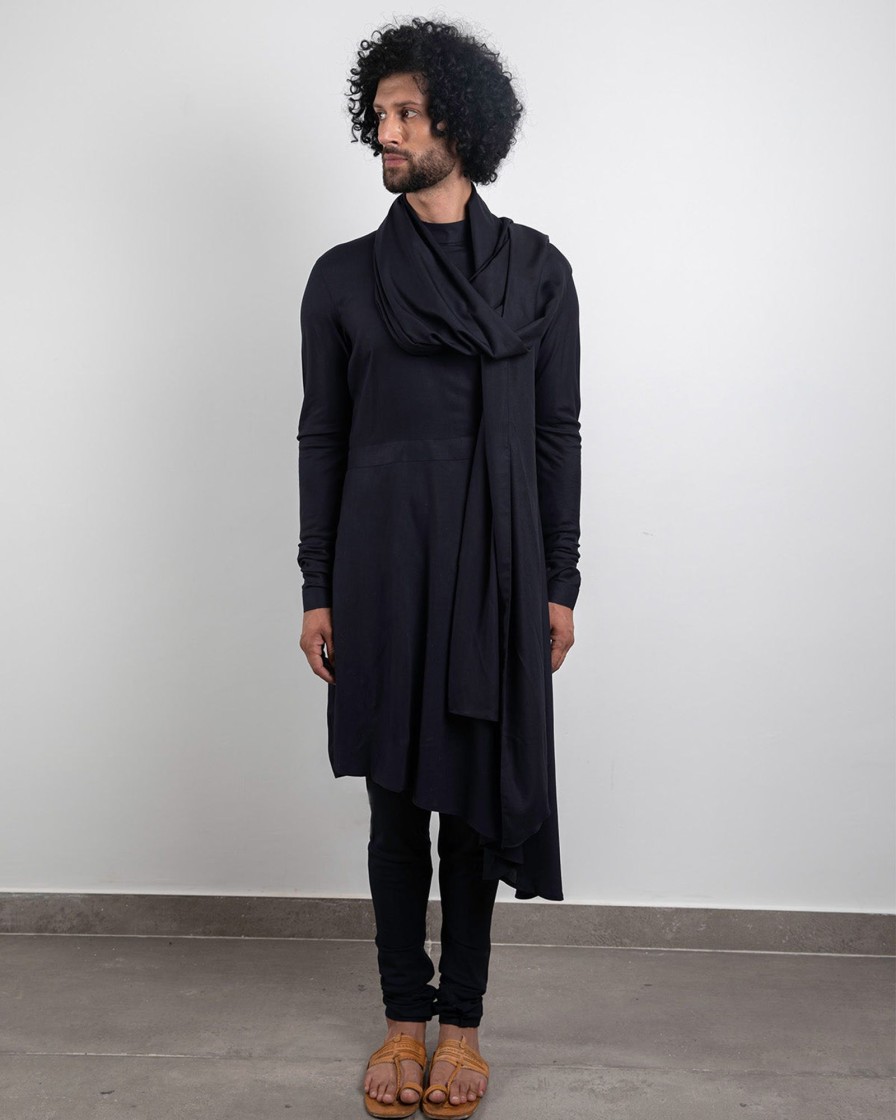 Mens Arjan Dugal | Navy Blue Asymmetric Kurta Set