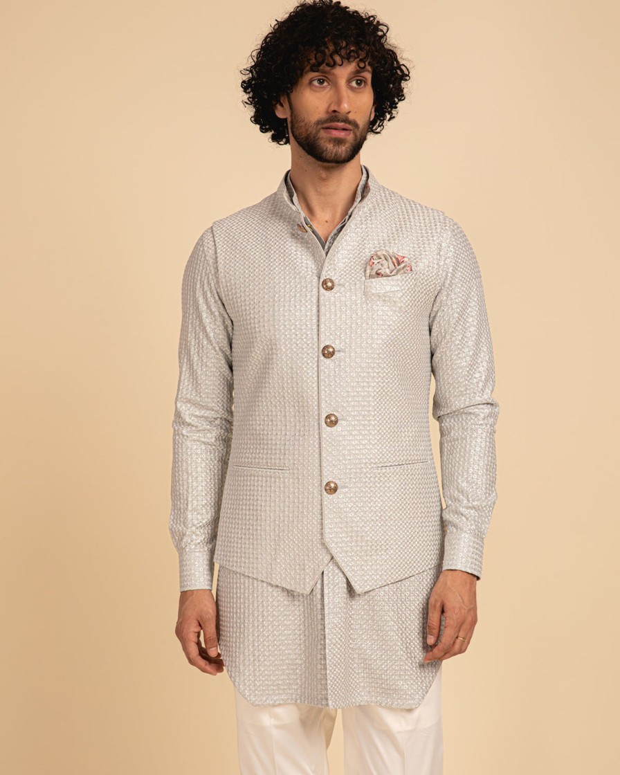 Mens Arjan Dugal | Gray Chanderi Silk Embroidered Kurta Set