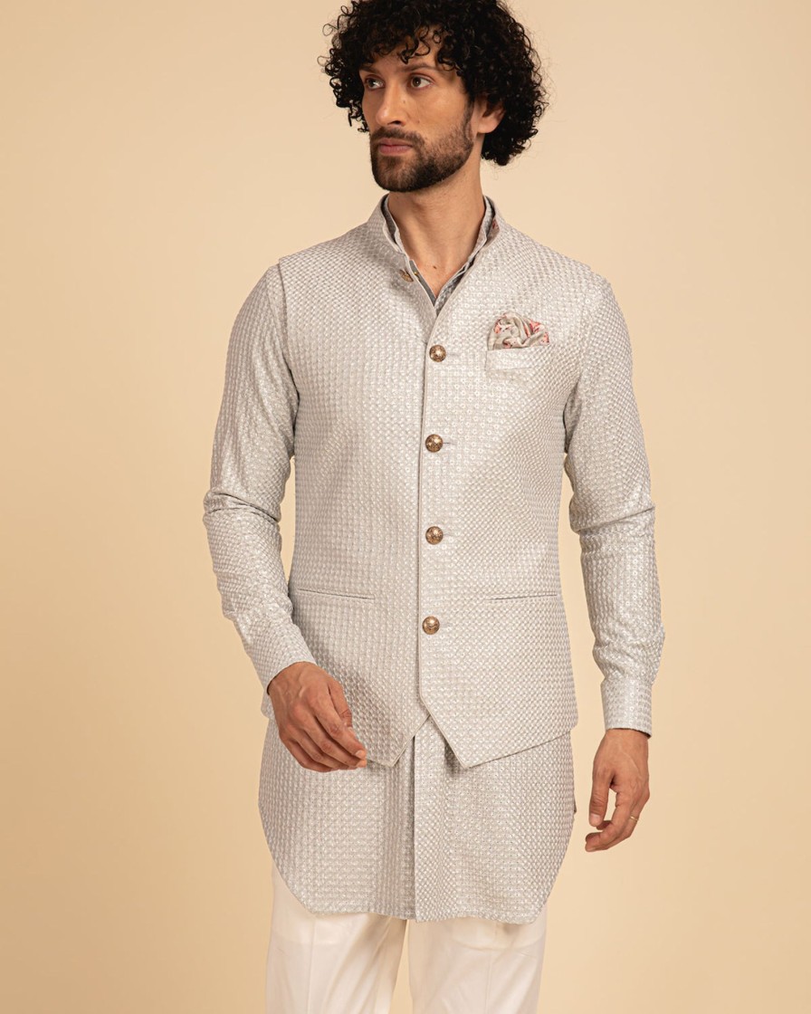 Mens Arjan Dugal | Gray Chanderi Silk Embroidered Kurta Set