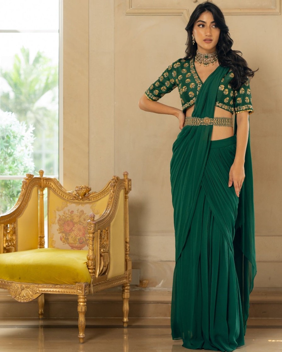 Womens Paulmi u0026 Harsh | Emerald Green Antique Tone Sari Set