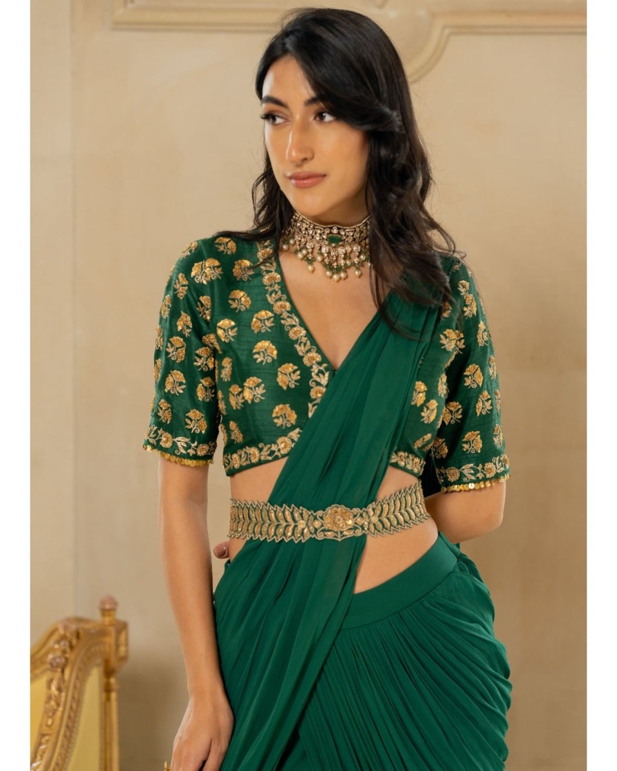 Womens Paulmi u0026 Harsh | Emerald Green Antique Tone Sari Set