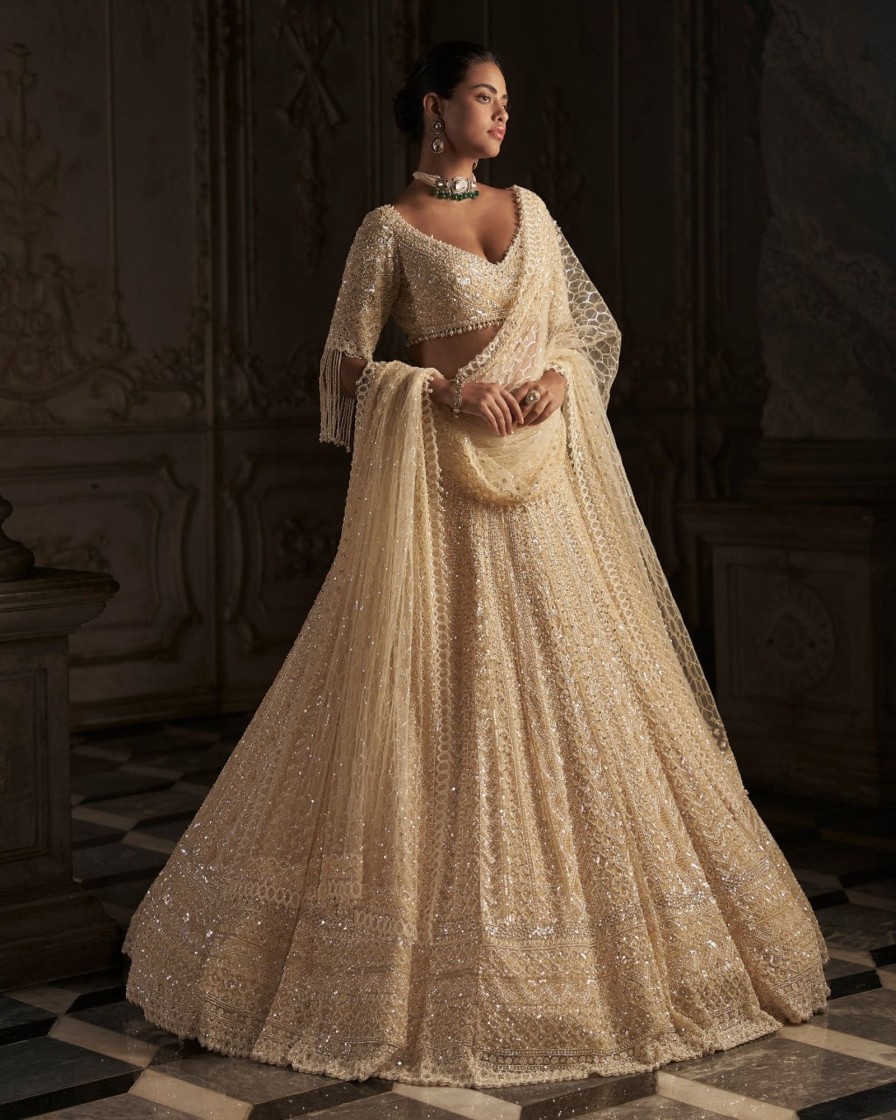 Bridal Seema Gujral | Cream Pearl Lehenga Set