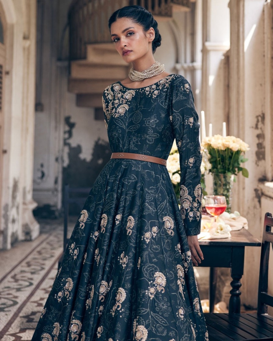 Womens Paulmi u0026 Harsh | Black Deer Printed Hand Embroidered Anarkali Set