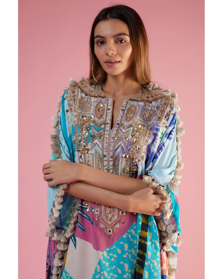 Womens Payal Singhal | Aqua Tropical Kaftan And Palazzo Set