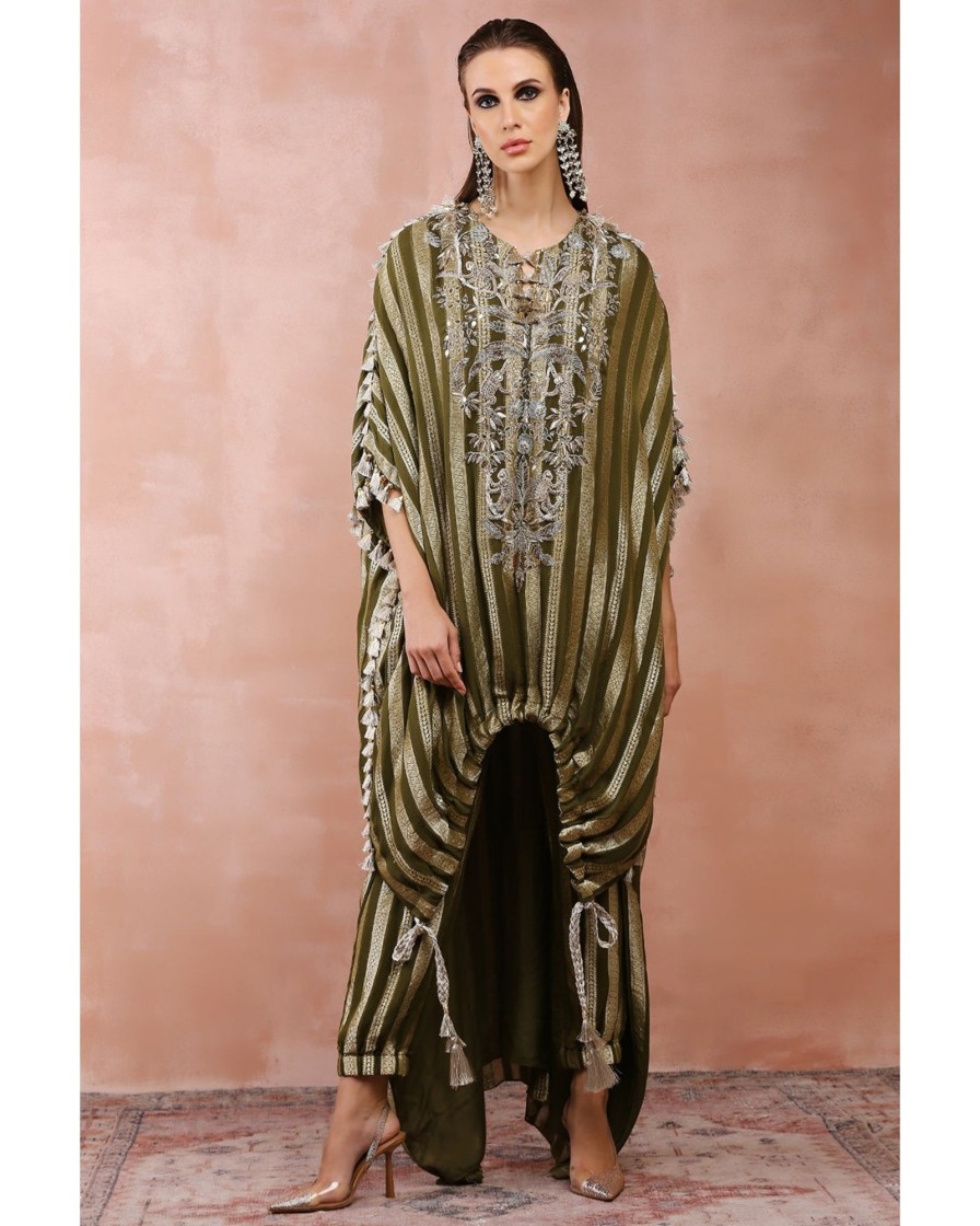 Womens Payal Singhal | Olive Embroidered High Low Kaftan With Jogger Pant