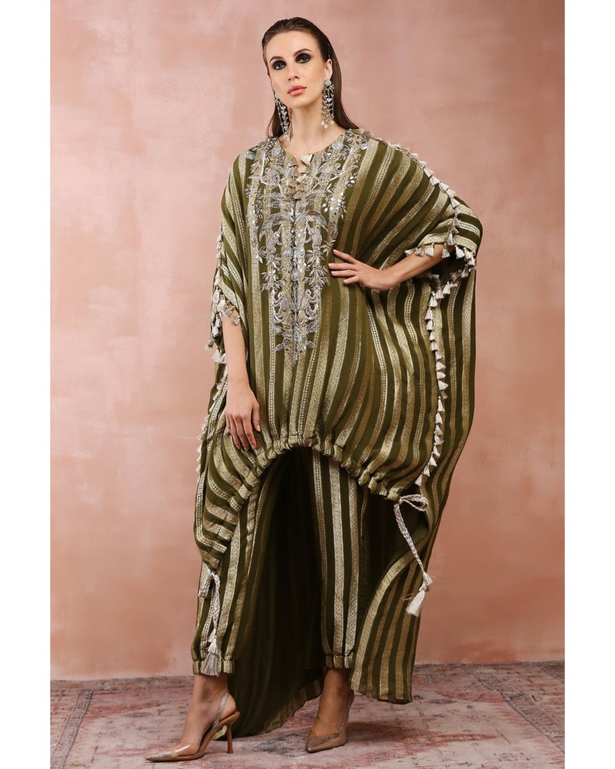 Womens Payal Singhal | Olive Embroidered High Low Kaftan With Jogger Pant