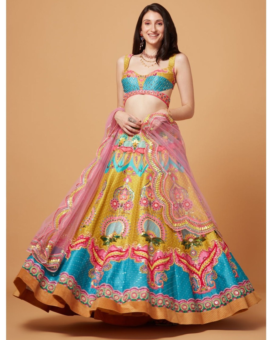 Womens Siddhartha Bansal | Lime Mustard And Paradise Blue Embroidered Lehenga Set