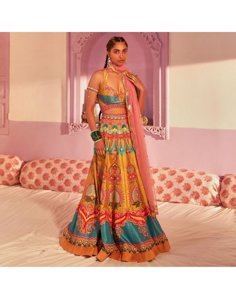 Womens Siddhartha Bansal | Lime Mustard And Paradise Blue Embroidered Lehenga Set