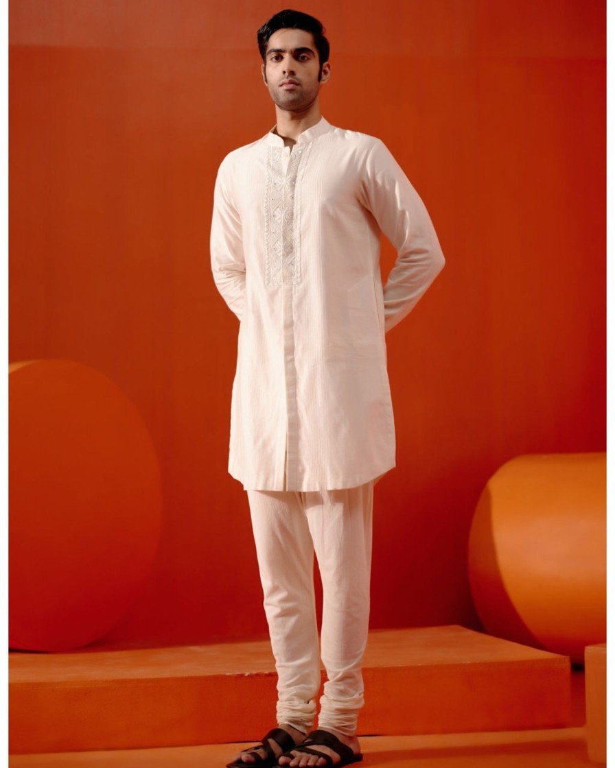 Mens Devnaagri Mens | Ivory Front Open Self Embroidered Chanderi Kurta Set