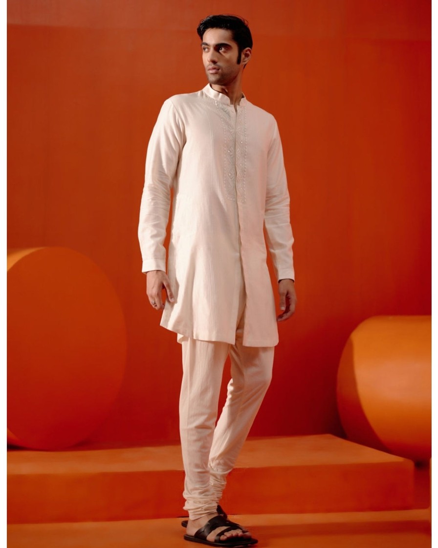 Mens Devnaagri Mens | Ivory Front Open Self Embroidered Chanderi Kurta Set