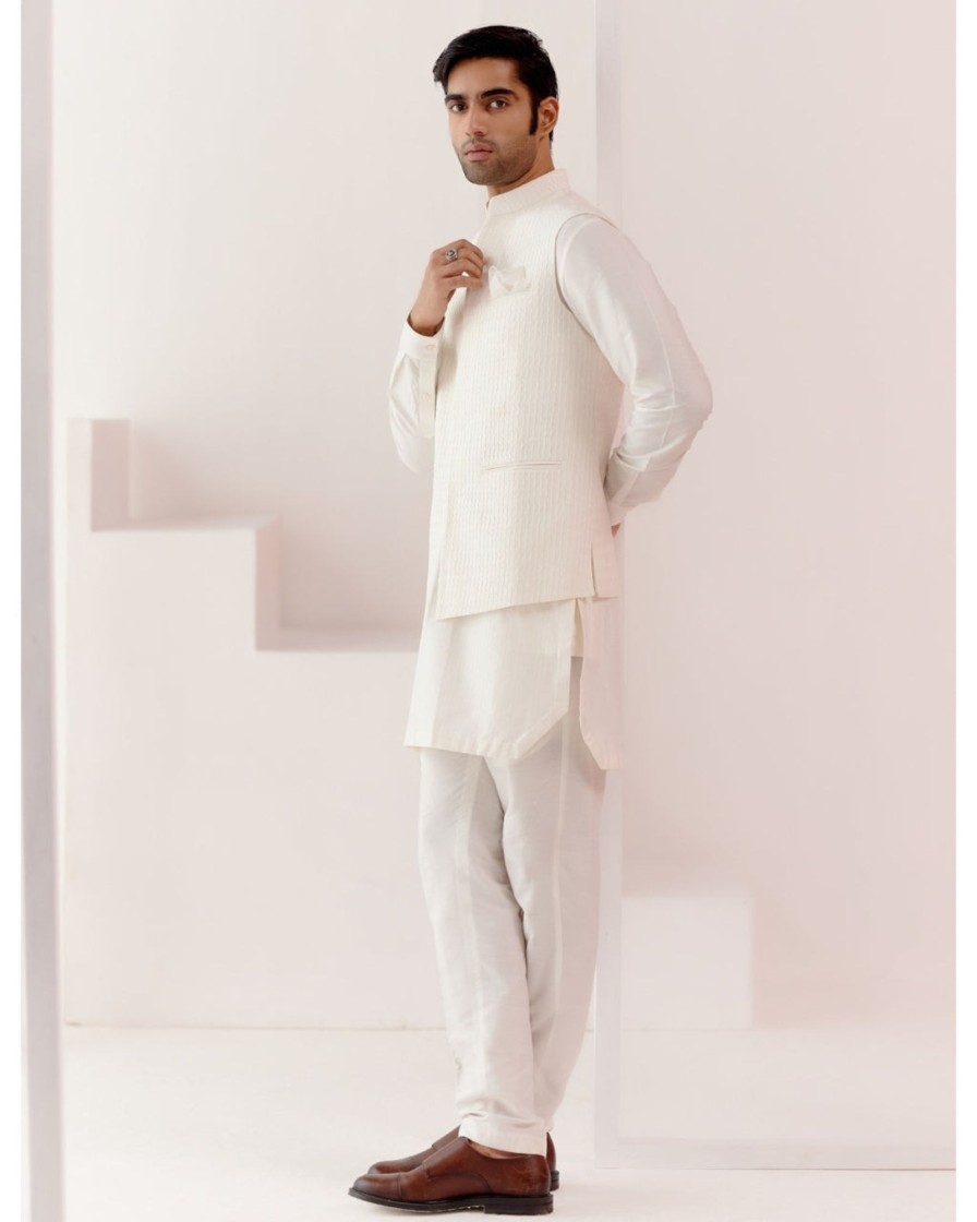 Mens Devnaagri Mens | Ivory Kurta Set With Pin Tucks Bundi