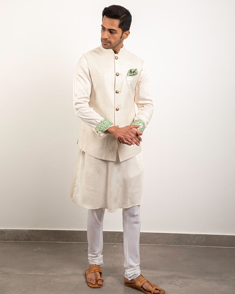 Mens Arjan Dugal | Off-White Satin Silk Kurta Set