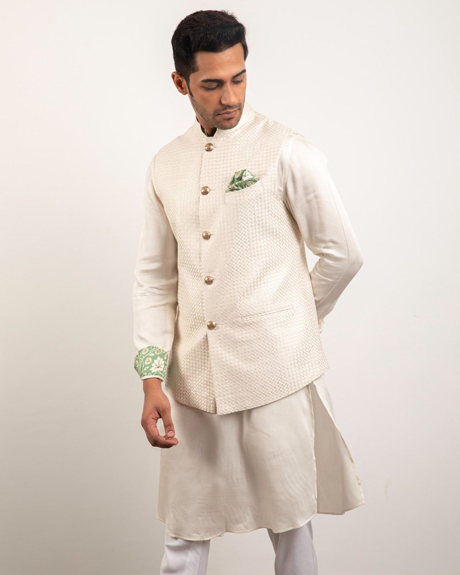 Mens Arjan Dugal | Off-White Satin Silk Kurta Set