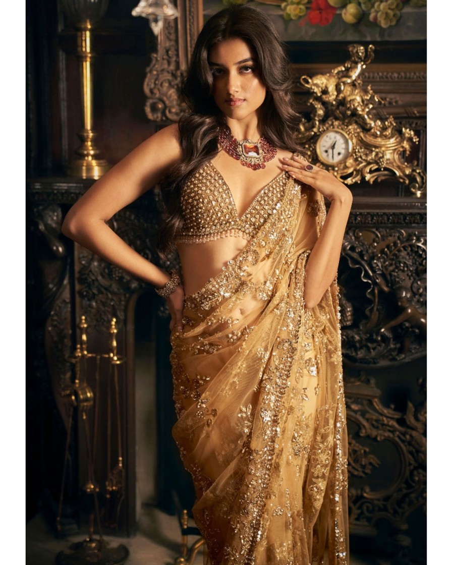 Womens Seema Gujral | Gold Tulle Sari Set