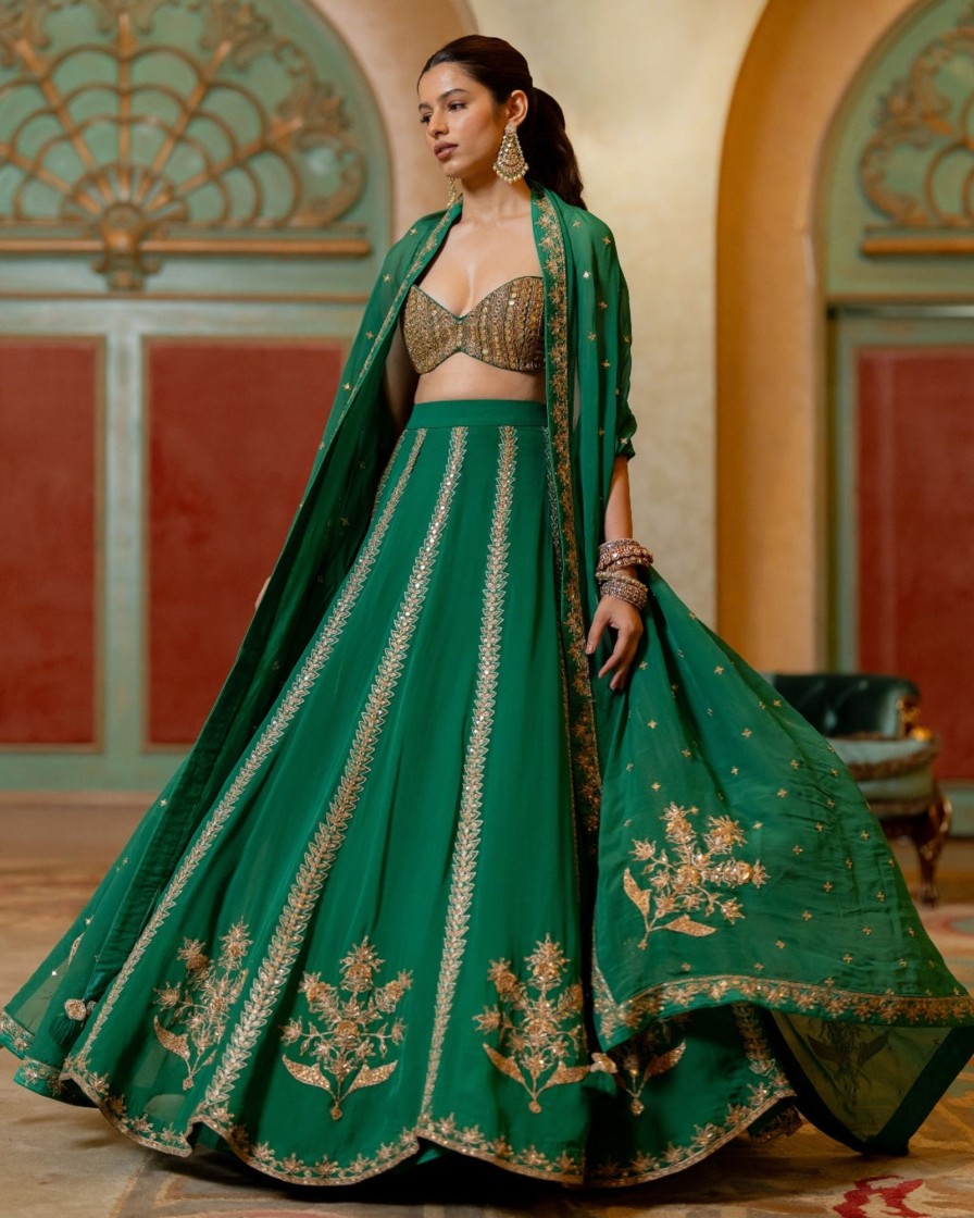 Womens Paulmi u0026 Harsh | Emerald Green Hand Embroidered Mirror Detailed Lehenga Set