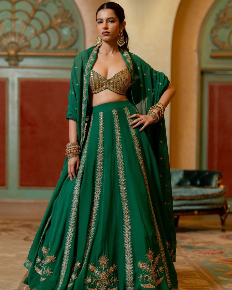 Womens Paulmi u0026 Harsh | Emerald Green Hand Embroidered Mirror Detailed Lehenga Set