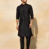 Mens Diya Rajvvir Mens | Black Leaf Embroidered Kurta Set