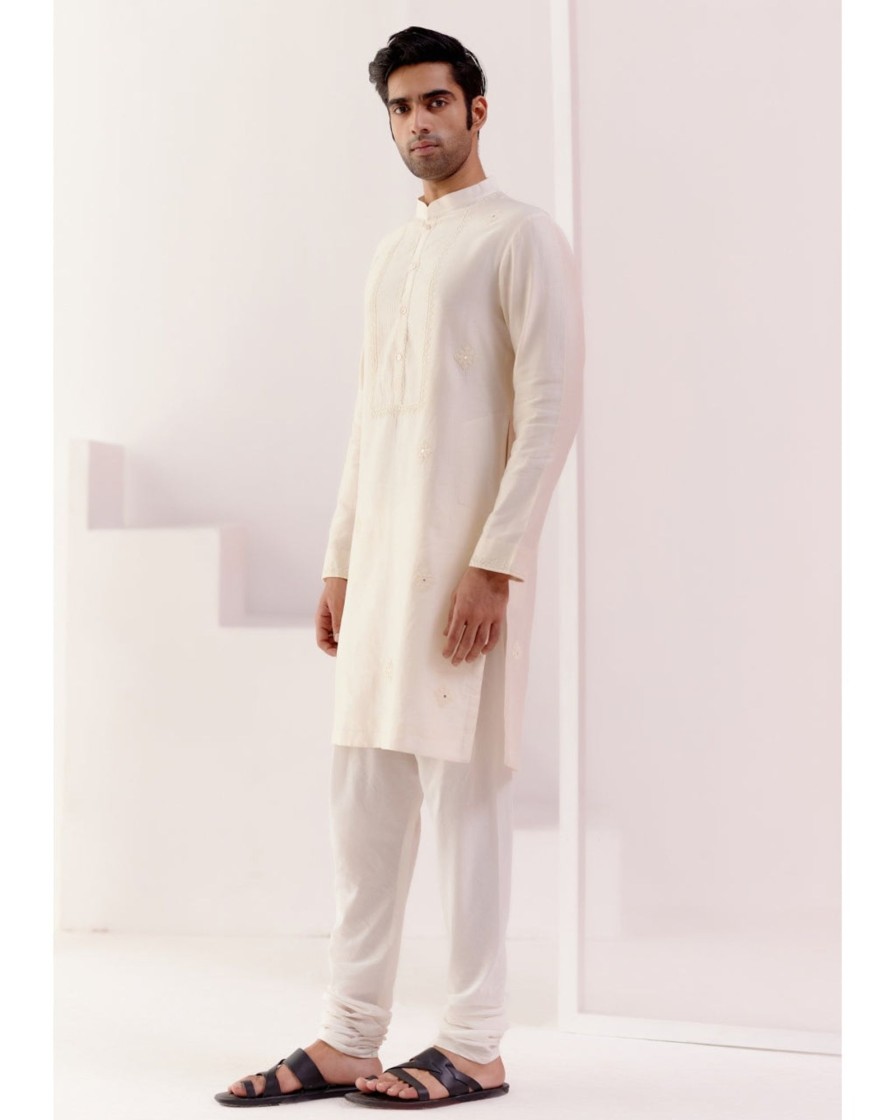 Mens Devnaagri Mens | Ivory Self Embroidered Chanderi Kurta Set