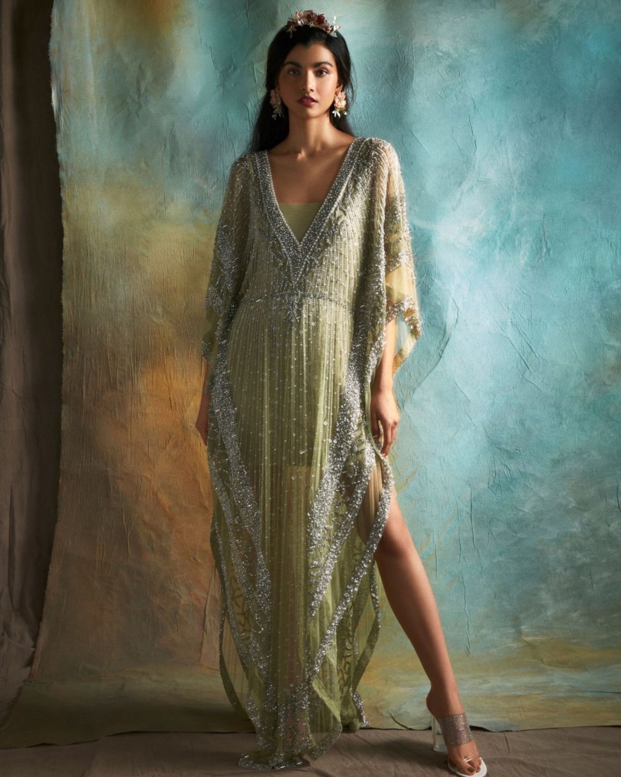 Womens Esha Sethi Thirani | Lime Tulle Embellished Kaftan