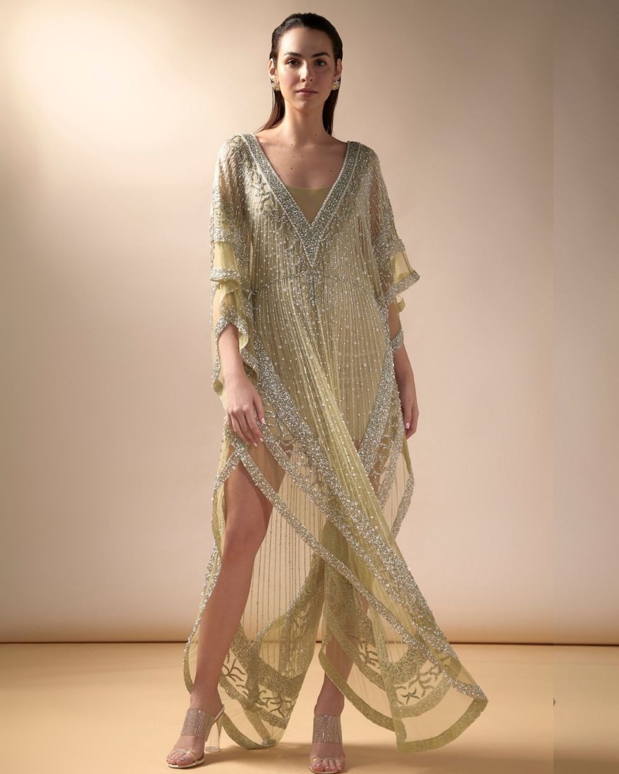 Womens Esha Sethi Thirani | Lime Tulle Embellished Kaftan