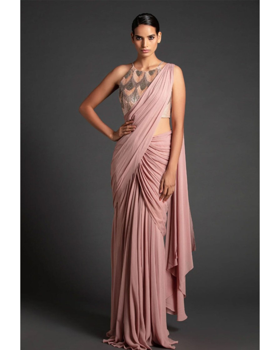 Bridal Amit Aggarwal | Blush Georgette Draped Sari