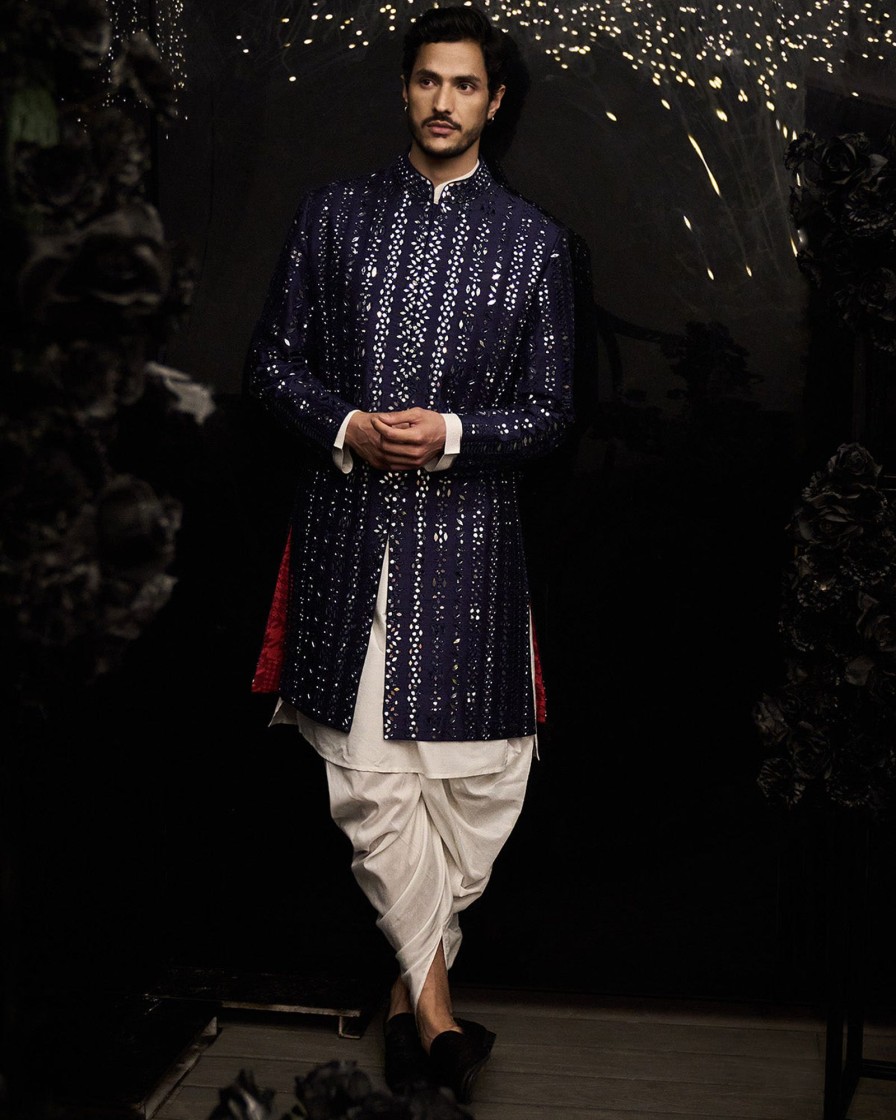 Mens Seema Gujral Mens | Midnight Blue Mirror Work Sherwani Set