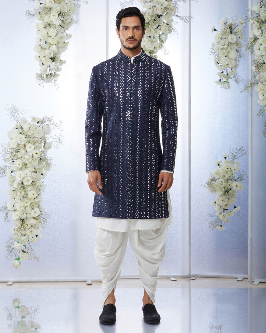 Mens Seema Gujral Mens | Midnight Blue Mirror Work Sherwani Set