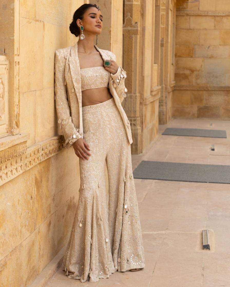 Womens Arpita Mehta | Vanilla Embroidered Jacket Sharara Set